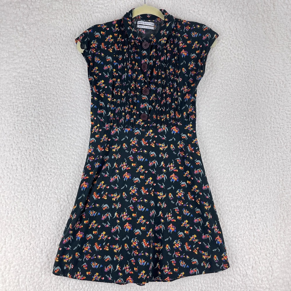 Urban Outfitters Black Floral Pleated Button Front Dress Womens Short Size XS